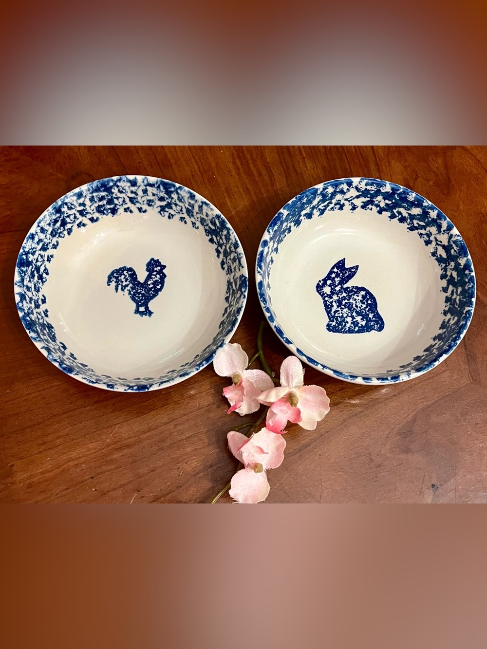 Vintage Tienshan Folk Craft Animals Spongeware Bowls, Set of 2/Rooster & Rabbit